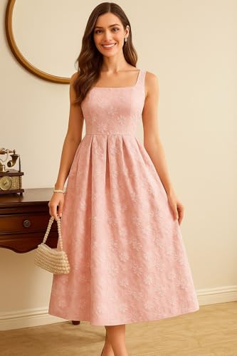 Image of Women's Floral Jacquard Midi Dress, Blush Pink, Square Neck, Pleated A-Line, Sleeveless Formal Party Dress