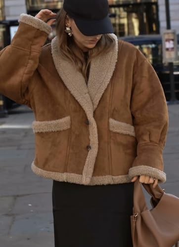 chouyatou Women's Winter Casual Faux Suede Leather Jacket Button Down Fuzzy Sherpa Lined Jacket Coat2