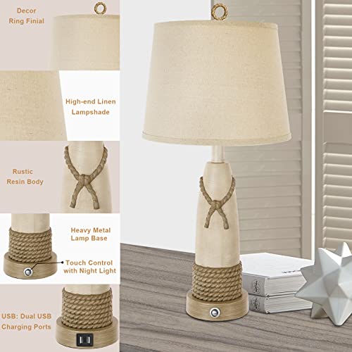 Touch Table Lamps For Bedrooms Set Of 2, Nautical Bedside Lamp For Living Room, Rustic Nightstand Lamp With 2 Usb Ports, Resin Farmhouse Lamp With High-End Drum Shade, Retro Vintage Lamp With Bulbs #TOP4
