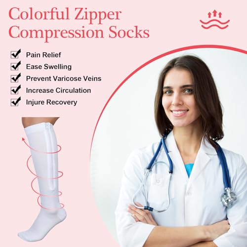 Tarpop 4 Pairs Women Zipper Compression Sock Colorful 20-30mmhg Compression Stockings with Zipper for Women Swelling Edema2