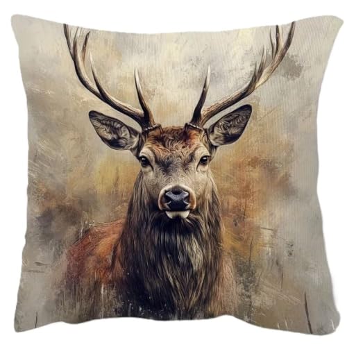 Image of Deer Print Cushion Cover, Square, 45 cm, Rustic Wildlife Stag Design, Autumn Sofa Throw Pillow Case