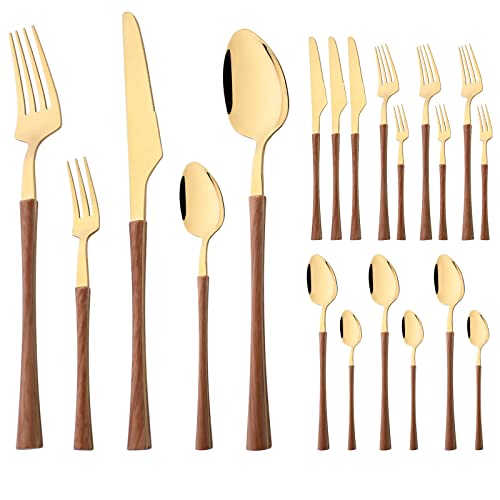 BRIIEC 20-piece Stainless Steel Flatware Set with Wooden Handle, Wood Silverware Set for 4, Mirror, Dishwasher Safe, for Home Kitchen Travel - Small Waist Handle Gold