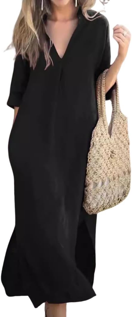 utcoco Womens Cotton Linen Maxi Dresses Casual Loose Fit V Neck 3/4 Sleeve Side Slit A Line Linen Long Dress