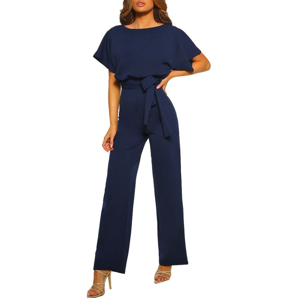 JFYZLTJFYZLT Women Elegant Jumpsuit Playsuit Clubwear Straight Leg Short Sleeve Jumpsuit With Belt Solid Color Overalls For Women