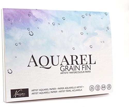 NASSAU FINE ART Aquarell Papier A4 Für Künstler | 20 Einzelne Blätter | Stärke: 300 g/m² | Premium Aquarellpapier zum Malen mit Aquarellfarben & Mischtechniken | Qualitätspapier für Perfekte Farben