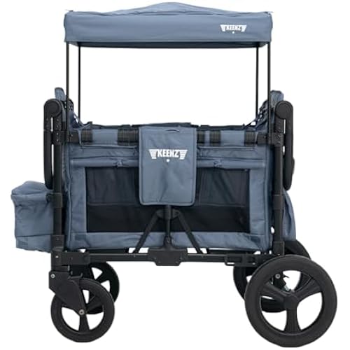 Keenz MOOV 4-Passenger All-Terrain Stroller Wagon with Reclining Seats, Built-in Cooler, Push/Pull Handle, Rubber Wheels, and Activity Tray – Foldable Wagon for Four Kids, Blue