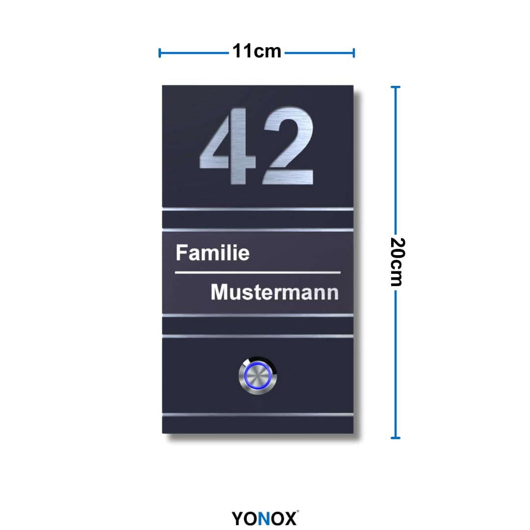 YONOX Modernes Edelstahl Klingelschild Hausnummer + Name mit LED-Taster - Stilvolle Eleganz für Ihr Zuhause - präzise Gravur - personalisierbar - Acrylglas Anthrazit - Edelstahl