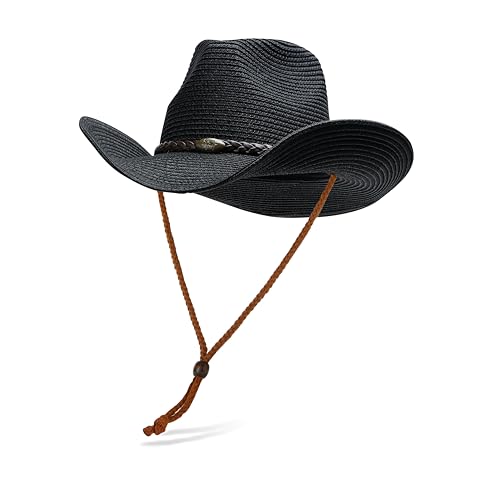 Image of Straw Cowgirl Hat for Women Cowboy Hats for Men Wide Brim Sun Hat Shapeable Western Hat Beach Hat (US, Alpha, One Size, Black)