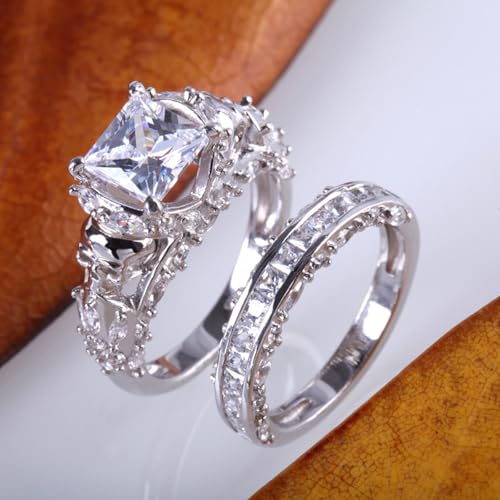 Jeulia Skull Engagement Ring Sets Sterling Silver Promise Eternity Band Rings Diamond Princess Cut with Cubic Zirconia Wedding Engagement Anniversary Promise Rings Bridal Sets4