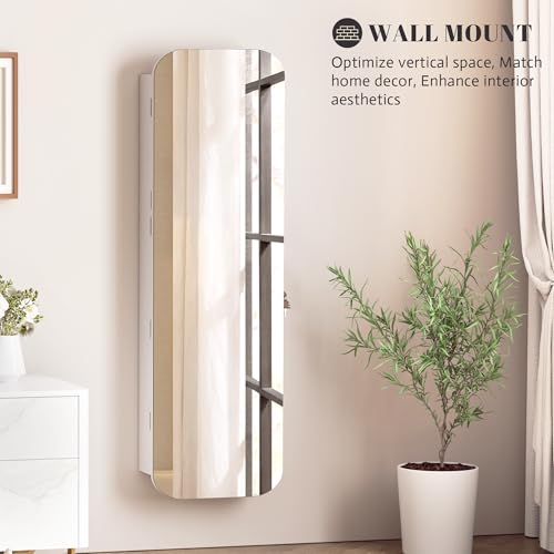 Image of Vlsrka 47.2 inch Wall /Door Mounted Jewelry Cabinet Organizer Armoire W /Mirror | 6 LEDs, Over The Door Hanging Jewelry Organizer with Rounded Corner Mirror, Lockable Full Length Mirror with Storage,White