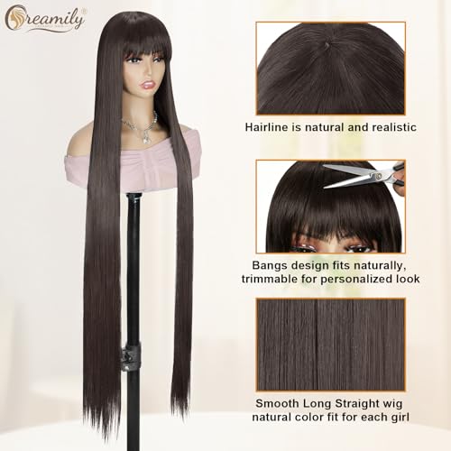 Image of Creamily Long Straight Brown Wig For Women Glueless Synthetic Wig with Bangs 40 Inches,Natural Looking Hair Wig For Woman For Cosplay Daily Wear