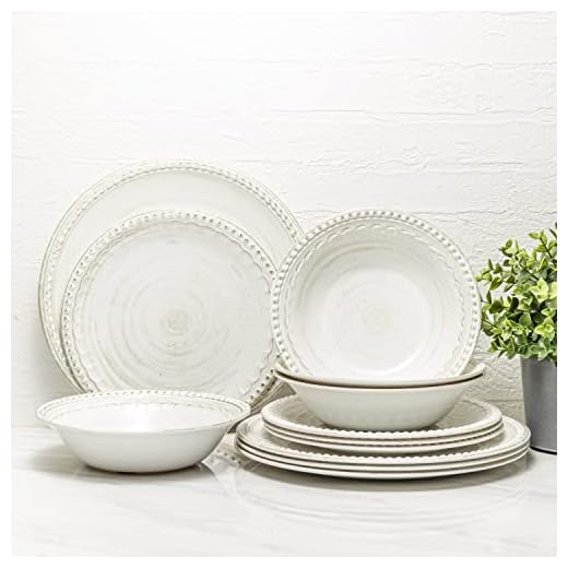 Zak Designs Melamine Dinnerware Set, 12-Piece, Service for 4, French Country House (Oyster White)