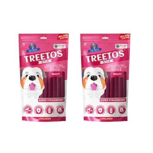 Image of Dr. Pets Pack of 2 (85g Each) Treetos Soft Dog Treats | Chicken Sticks with Strawberry Flavour for Puppies & Adult Dogs | Training Chew Snacks for All Breeds | Easy to Digest