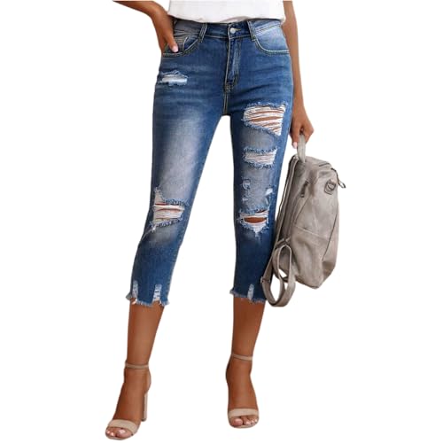 Ripped Denim Capris for Women Distressed Jeans Mid Rise Skinny Jeans Jeggings Ladies Casual Cropped Pants 2025
