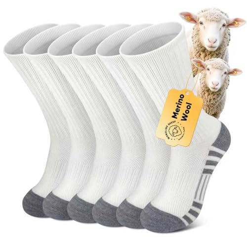 XINDUHUI Merino Wool Hiking Socks for Men Women Thermal Winter Cushioned Wicking Crew Socks for Work Outdoors 3 Pairs (US Alpha Large Regular Regular White)