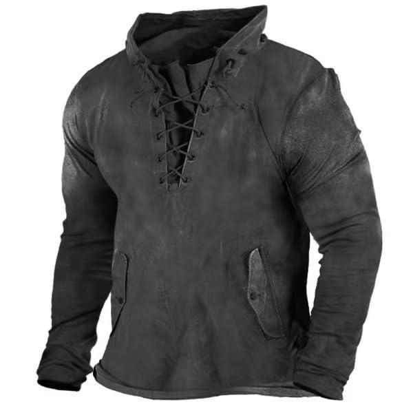 ZOCANIA Retro Tactical Long Sleeve Hoodies Outdoor Sports Drawstring Pullover Distressed Lace Up Hooded Shirts