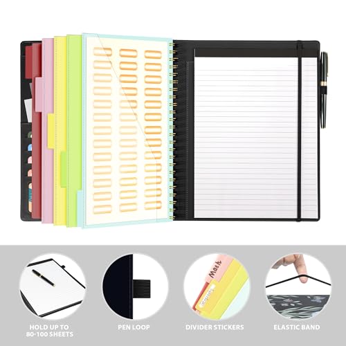 Image of Ospelelf Clipboard with Storage for Women, Leather Padfolio Portfolio Organizer 5 Folders with 10 Pockets, Spiral Clipboard Folio with Notepad for Letter Size, Elastic Closure and Pen Loop Floral