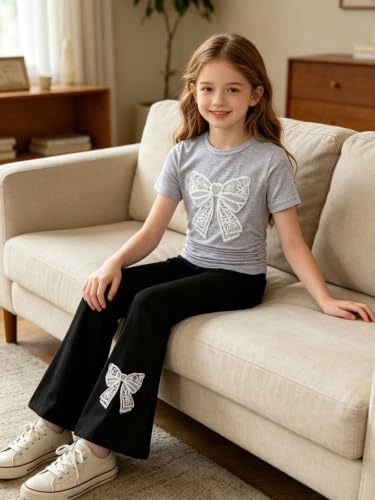Image of Girls Clothes 2 Piece Short Sleeve Lace Bow Print Tops Flared Pants Set Little Girl Outfits Size 7-14