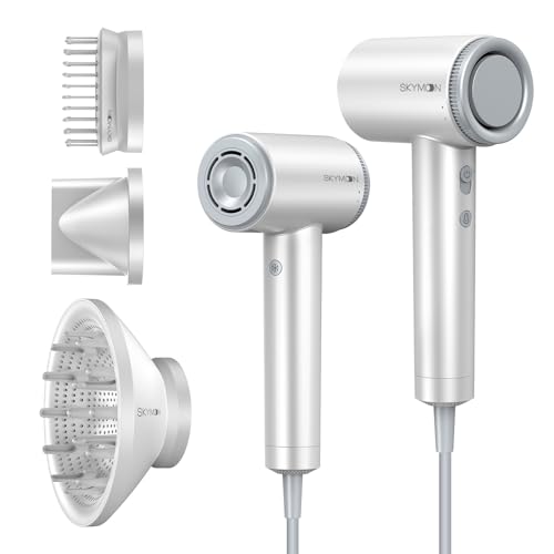 SKYMOON Hair Dryer with Diffuser and Comb, 1400W Powerful High Speed Ionic Blow Dryer, 110,000RPM Fast Drying, 4 Temps & 3 Speeds Hair Dryer for Home & Travel, Pearl White