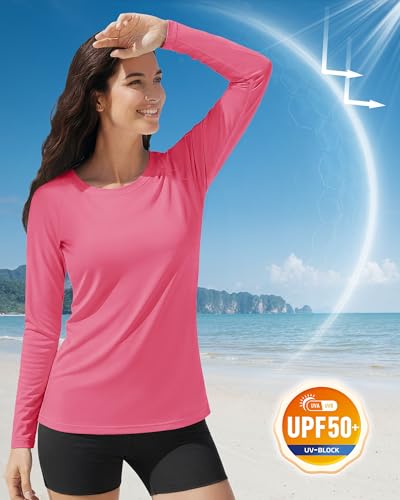 Boladeci Swim Shirts for Woman Rash Guard Long Sleeve UV Protection Sun Shirt UPF 50 Quick Dry Workout Tops SPF Rose Red S