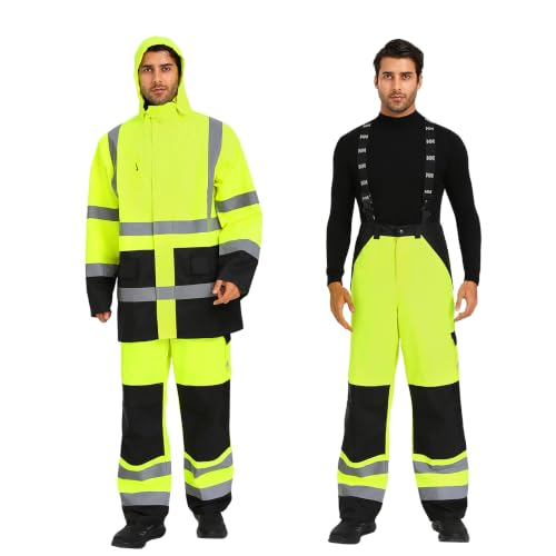 Image of 3-Piece Hi-Vis Rain Suit, Safety Jacket with Hood & Bib Overalls