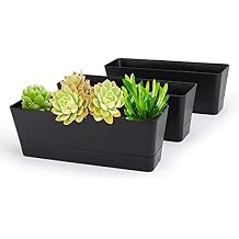 GREANER Black Rectangle Window Boxes, 3 Pack 12x3.8 Inch Herb Planters with Tray, Indoor Succulent Cactus Mint Plastic Pot for Windowsill, Garden Balcony, Office Outdoor Decoration