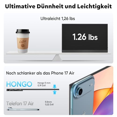 HONGO Portable Monitor 15,6 Zoll, FHD 1080P Tragbares IPS Bildschirm, HDR 100% sRGB Externer Laptop Screen Erweiterung, USB‑C, HDMI Stereolautsprecher inkl. Halterung für Laptop, PC, Mac, PS5, Xbox 4