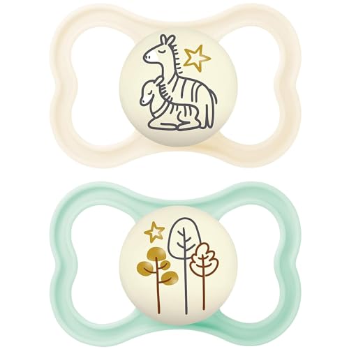 MAM Latex Air Night Soothers 6 Months+ (Pack of 2), Glow in The Dark Baby Soothers with Self Sterilising Travel Case, Newborn Essentials, Blue/Grey, (Designs May Vary)