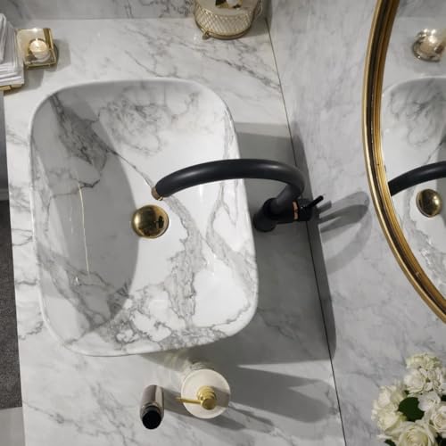 Image of Ceramic Tabletop Wash Basin - Glossy Rectangular Countertop Vessel Sink with Marble Finish for Bathroom & Vanity | Compact 18 x 13 x 5 Inch | Elegant Washbasin
