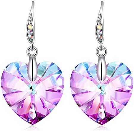 Women Heart Crystals Earrings Drop Dangle Fish Hook Earrings for Girl Amethyst Pink Christmas Gifts for Her Mom