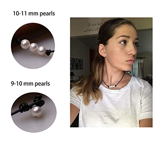 Women White 3 Cultured Freshwater Pearls Choker Necklace On Genuine Leather Cord Knotted Jewelry-Black 16" #TOP3