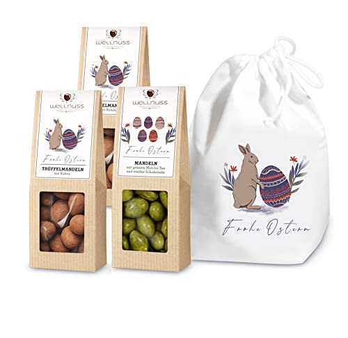 WELLNUSS ,,Osterglück“ - Premium Oster-Geschenk für Männer & Frauen I In ,,Frohe Ostern“ Baumwollsäckchen I 3 Nuss- & Schokoladen-Snacks für Ostern I Feinkost Geschenkidee für Eltern, Partner, Freunde Cover