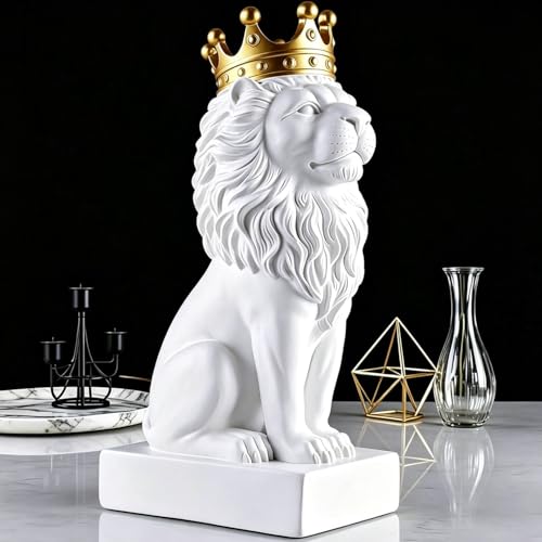 Lion Figurine Decorative Lion Statue Home Decor for Desk-White Lion King Statue Head Turned Looking to Another Side with Gold for Mens Bedroom Decor 13 Inch,Office Decor for Men,Mens Office Decor