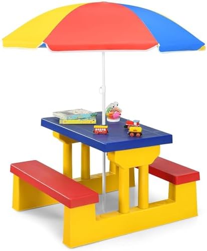 Generic FUTADA Kids Picnic Table, Toddler Indoor Outdoor Table and Bench Set with Removable Umbrella, Children Patio Furniture for Garden, Backyard, Gift for Boys Girls 3+