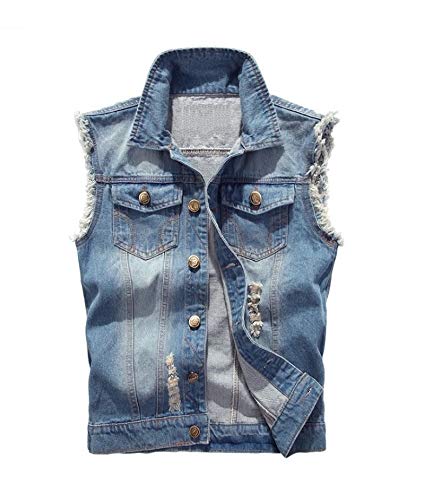 Men Denim Vest Sleeveless Jeans Jacket Casual Ripped Vintage Cowboy Vest