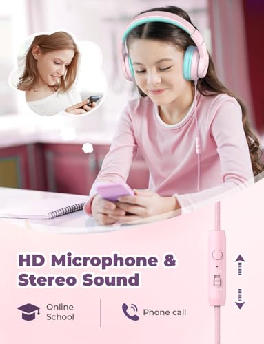 iClever HS19 Kids Headphones with Microphone for School, Safe Volume Limited, Over-Ear Girls Boys Headphones for Kids with Shareport, Foldable Wired for iPad/Travel (Pink) - Thumbnail 4