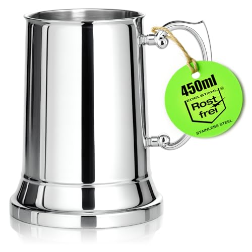 com-four® Vaso de acero inoxidable 450 ml diseño jarra de cerveza - Taza térmica de doble pared - Vaso resistente para camping, festivales, exterior y hogar (jarra de cerveza de color plateado)