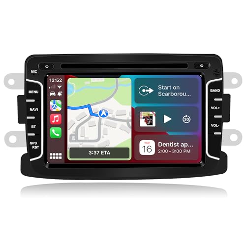 Radio Android 7'' para Dacia Duster Sandero Logan Dokker, Apple CarPlay Inalámbrico y Android Auto, Navegación GPS, Bluetooth, 4G LTE, WiFi, FM, Control del Volante, 4+64G