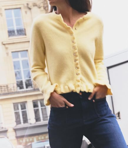 Cioatin Women Y2K Ruffle Knit Open Front Button Down Sweater Cardigan Long Sleeve Crewneck Lightweight Pullover Fall Outfits3