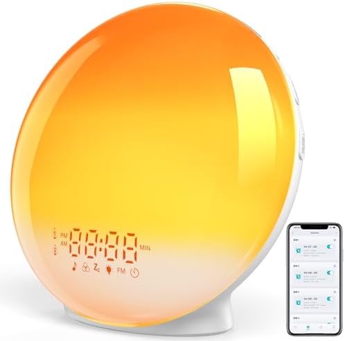Sunrise Alarm Clock for Heavy Sleepers, Smart Wake Up Light with Sunrise/Sunset Simulation, App Controlled, Natural Sounds & FM Radio, 7 Alarms & Snooze, 11 Colors Night Light for Bedroom