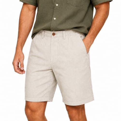 Image of Bench Mens Golf Shorts: Linen Blend, Lightweight, Breathable Short in Navy and Sand (UK, Numeric, 34, 36, Regular, Regular, Sand)