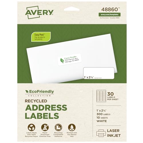 Image of Avery EcoFriendly Recycled Address Labels, 1 inch x 2-5 /8 inch, White, Permanent Label Adhesive, 300 Printable Labels (48860)