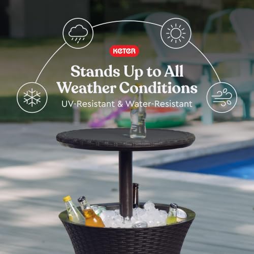 Image of Keter Pacific Cool Bar Outdoor Patio Furniture and Hot Tub Side Table with 7.5 Gallon Beer and Wine Cooler, Espresso Brown