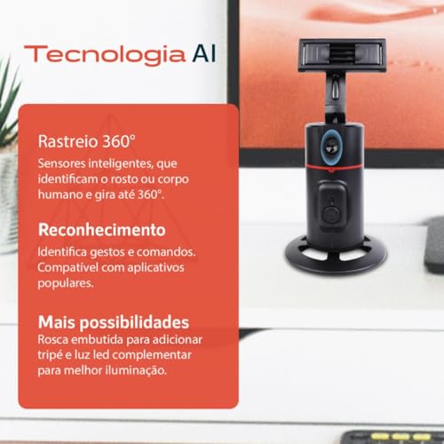 Suporte Telefone com Rastreamento Automático Rosto, Sem Necessidade Aplicativo, Rotação de 360°, Tri