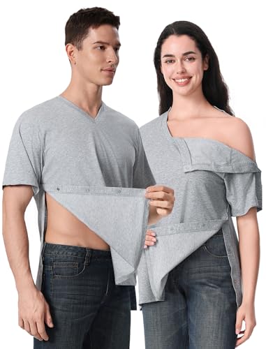 Image of Magnetic Buttons Post Shoulder Surgery Recovery Shirt for Men V-Neck Tear Away Adaptive Chemo Port Clothing for Women