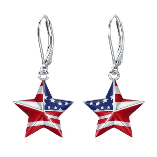 American Flag Earrings for Women 925 Sterling Silver Red White and Blue Star Dangle Drop Leverback Earrings 4th of July Jewelry Patriotic Memorial Day Gifts