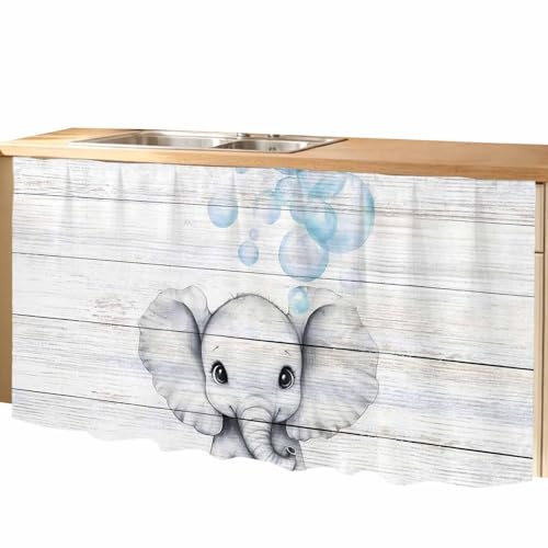 Anzona Cute Elephant Cabinet Curtains 28" W x 51" L, Funny Bubbles Animals Wooden Grain Sink Skirt for Bathroom Kitchen Self Adhesive, Desk Privacy Short Curtain for Sink Under Counter Classroom - Image 2