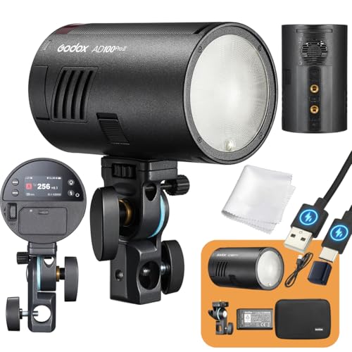 Godox AD100 Pro II AD100Pro II AD100ProII Flash Strobe, 2.4GHz X System+433Mhz Module/2850mAh Battery/2W LED/10 Brightness Levels/490 Full-Power Pops/0.01–1.5s Recycle Time/USB-C Charging/1-256-1/1