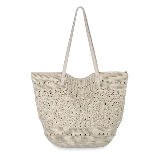 Image of The Sak Faye Tote Bag - Hand Crochet Women's Purse For Everyday & Travel - Handbag With Zipper Pocket & Shoulder Straps