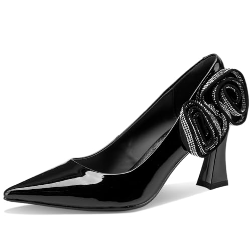 TDD Patent Leather Flower High Heels for Women Pointed Toe Pumps Closed Toe Chunky Block Dressy Comfortable Sexy Elegantes Wedding Slip On Formal Prom Sparkly 3 Inch Pump